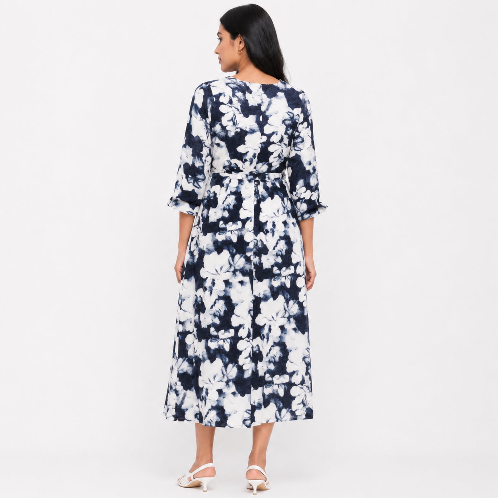 Women's Elegant Floral Print A-Line Midi Dress with Belt-4