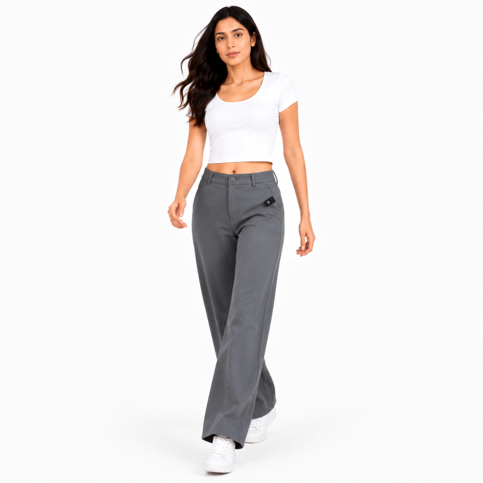 Women's Grey High-Waist Wide Leg Casual Trousers-3