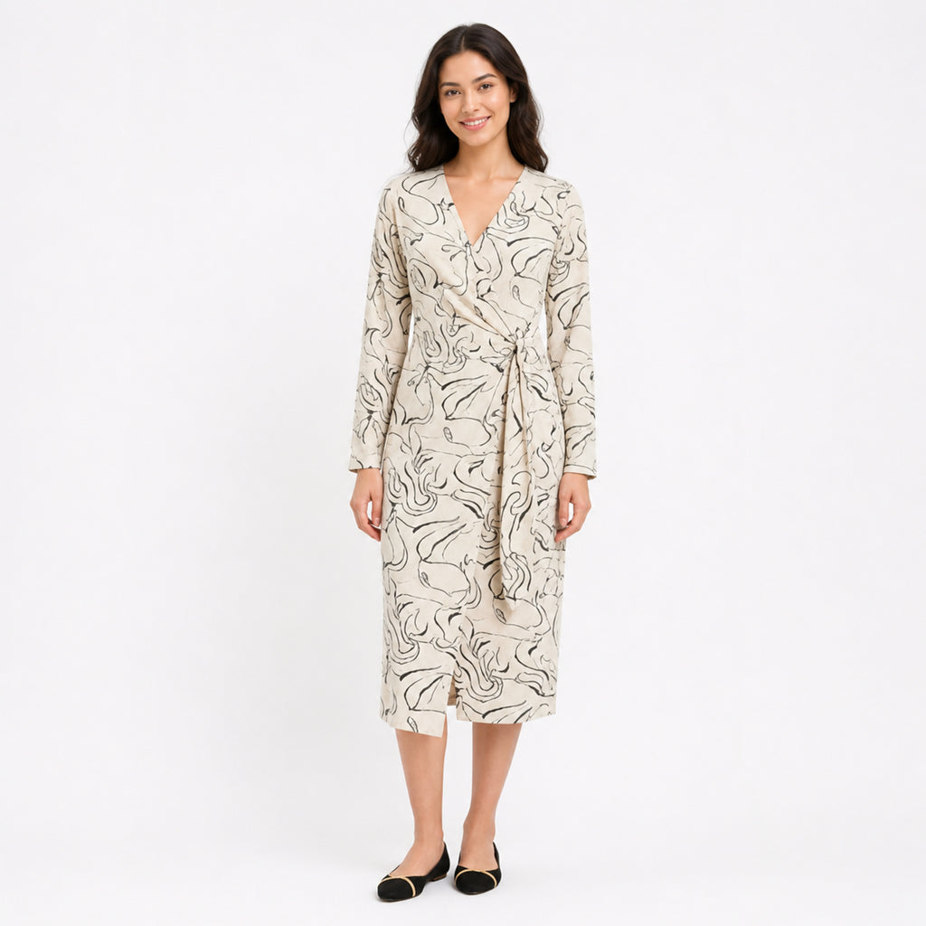 Ivory Abstract Wrap Midi Dress-2