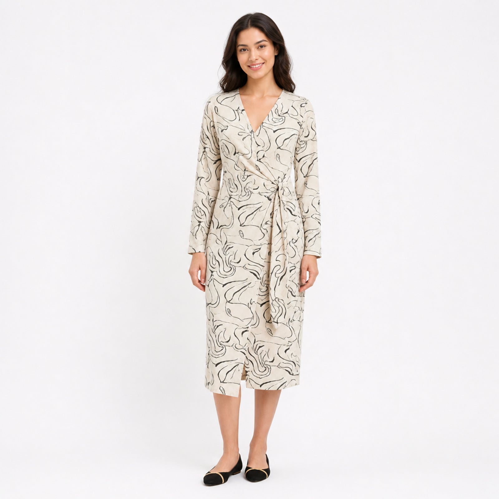 Ivory Abstract Wrap Midi Dress-2