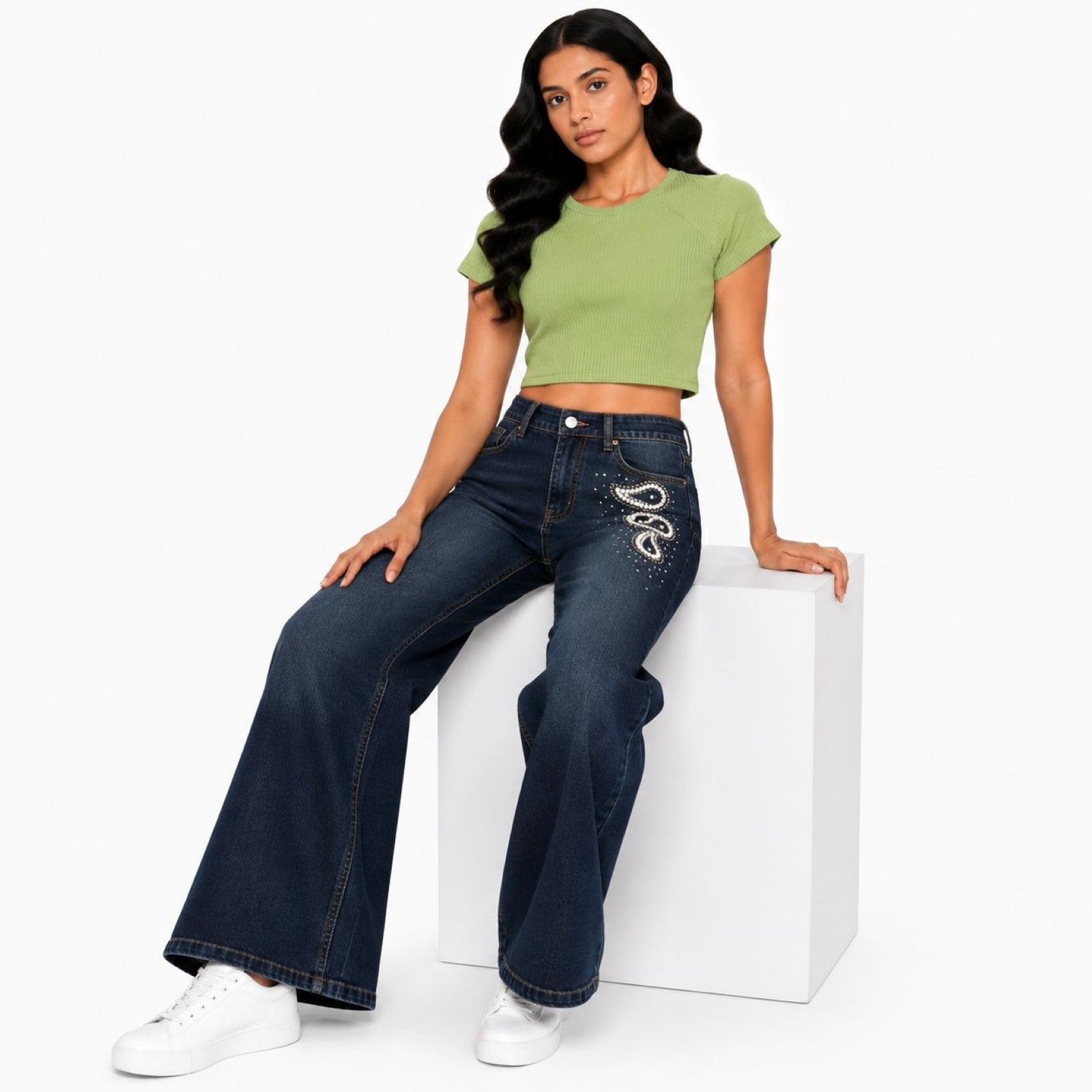 Women's Navy Blue Embellished Ultra Wide Leg Jeans | High-Rise Premium Denim-3