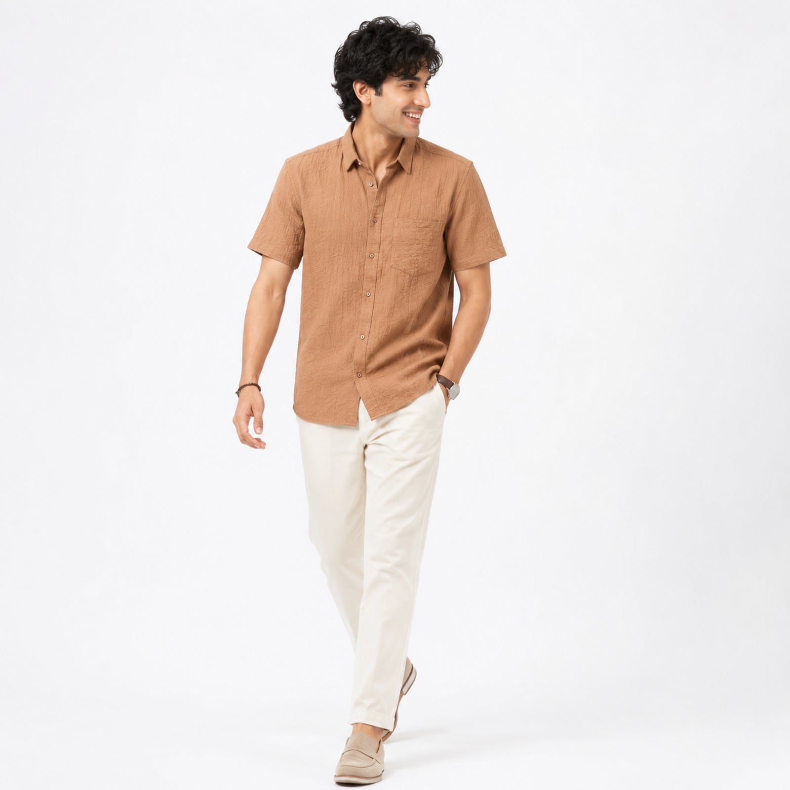 Men's Rustic Brown Textured Half Sleeve Casual Shirt-4