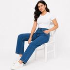 Women's Blue High-Rise Wide Leg Jeans | Classic Straight Fit Denim Pants-2