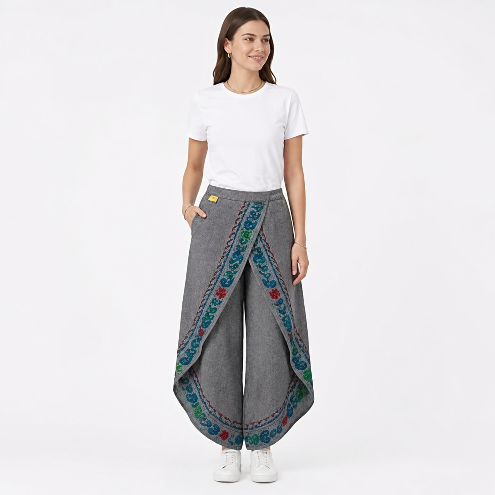 Grey Bloom Draped Wrap Trousers-2