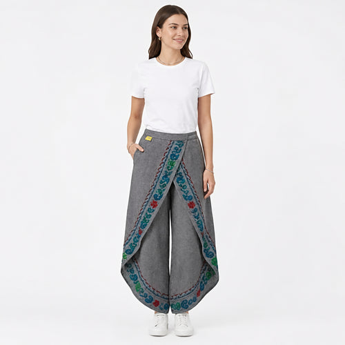 Grey Bloom Draped Wrap Trousers-2