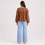 Women's Yellow Paisley Printed Ruffle Neck Tie-Up Top with Full Puff Sleeves-3