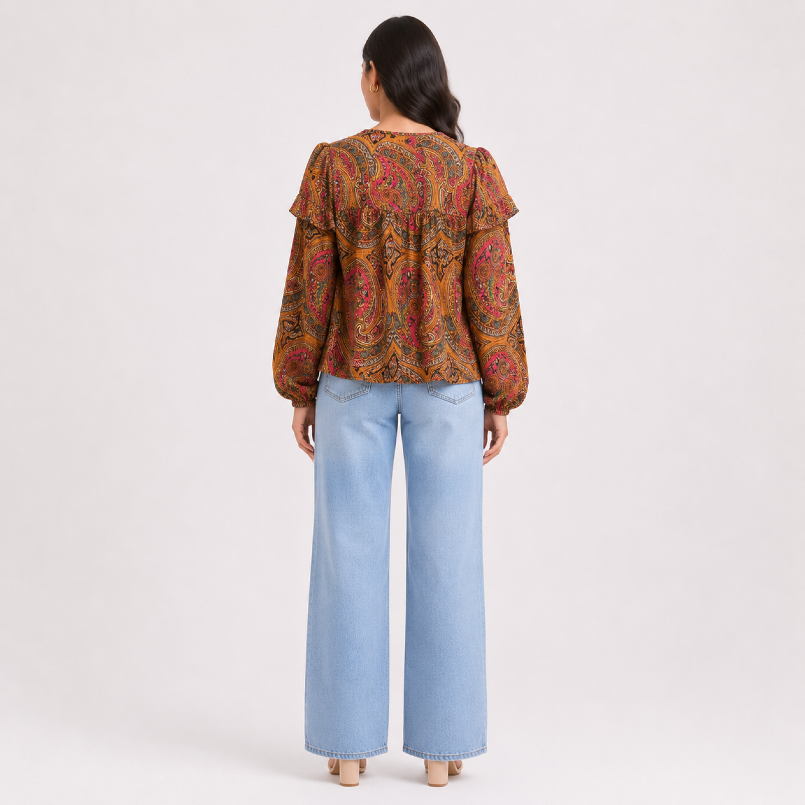 Women's Yellow Paisley Printed Ruffle Neck Tie-Up Top with Full Puff Sleeves-3