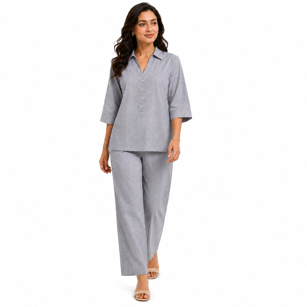 # Women's Mist Grey Embellished Lounge Set
-1