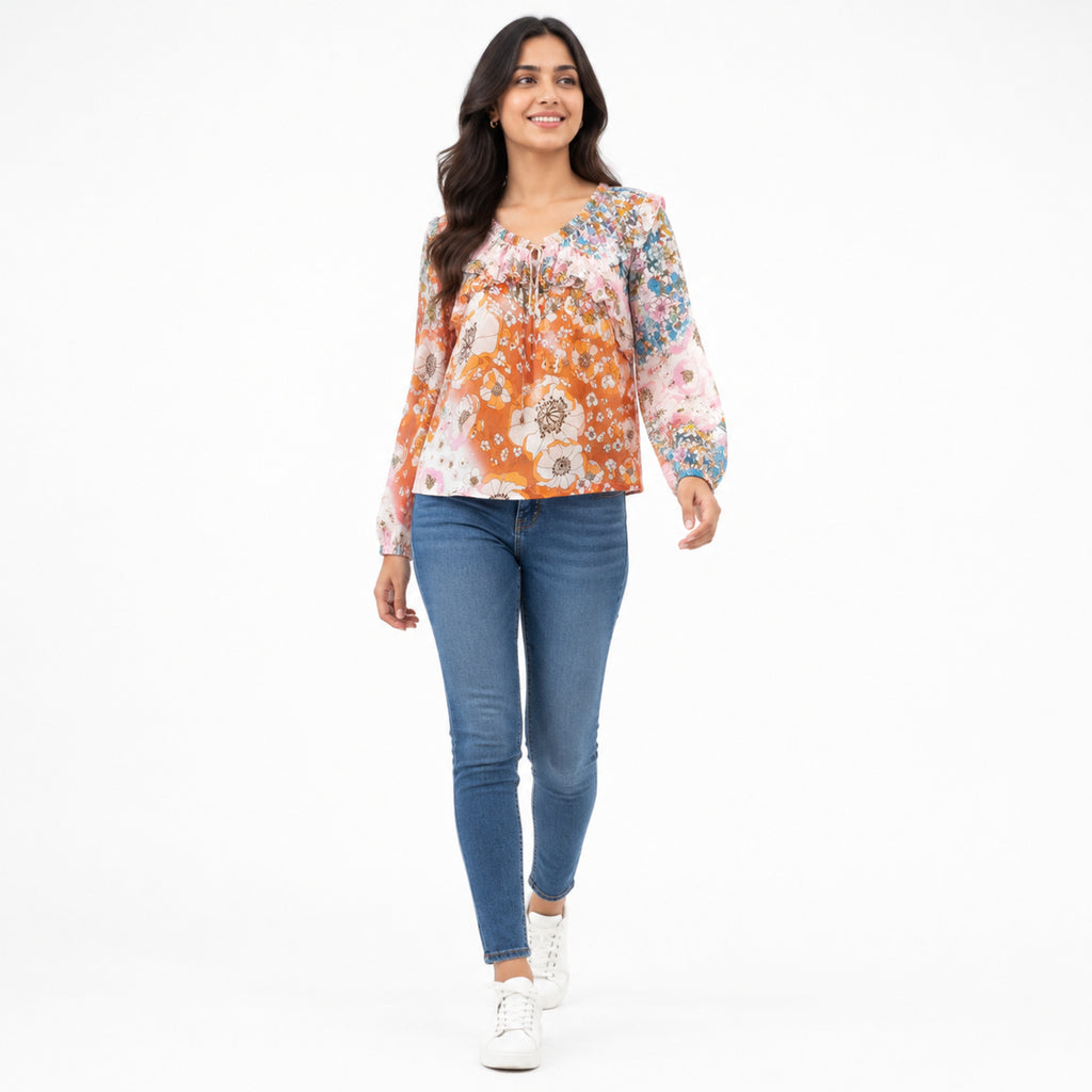 Women's Beige Floral Tie-Neck Peasant Top with Balloon Sleeves-1