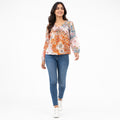 Women's Beige Floral Tie-Neck Peasant Top with Balloon Sleeves-1