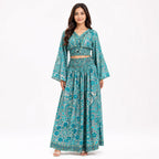 Women's Bohemian Chic Sage Green Floral Flare-Sleeve Crop Top and Maxi Skirt Set-1
