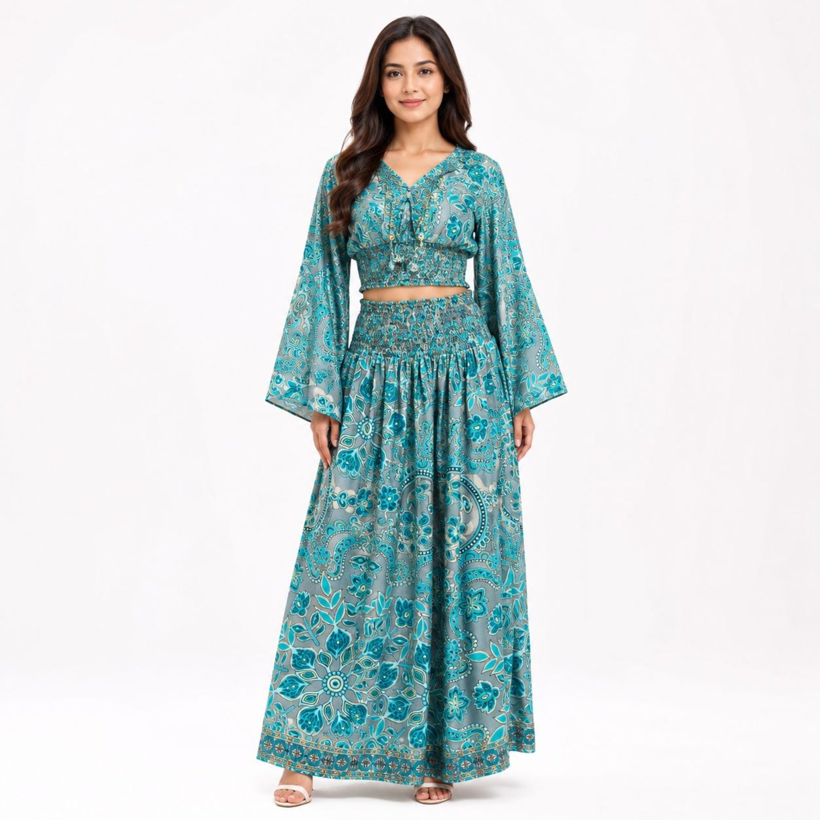 Women's Bohemian Chic Sage Green Floral Flare-Sleeve Crop Top and Maxi Skirt Set-1
