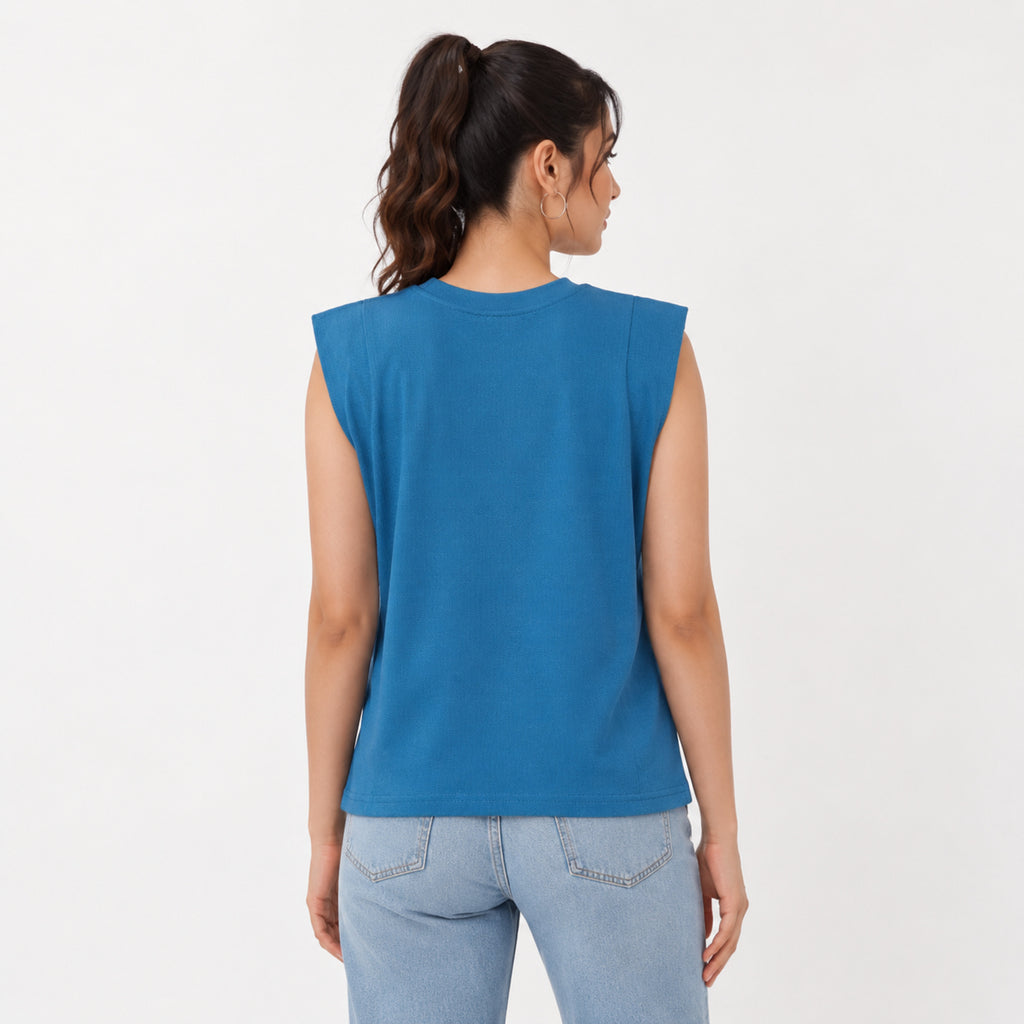 Women's Teal Sleeveless Padded Shoulder Top | Solid Relaxed Fit Casual Muscle Tee-4