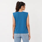 Women's Teal Sleeveless Padded Shoulder Top | Solid Relaxed Fit Casual Muscle Tee-4