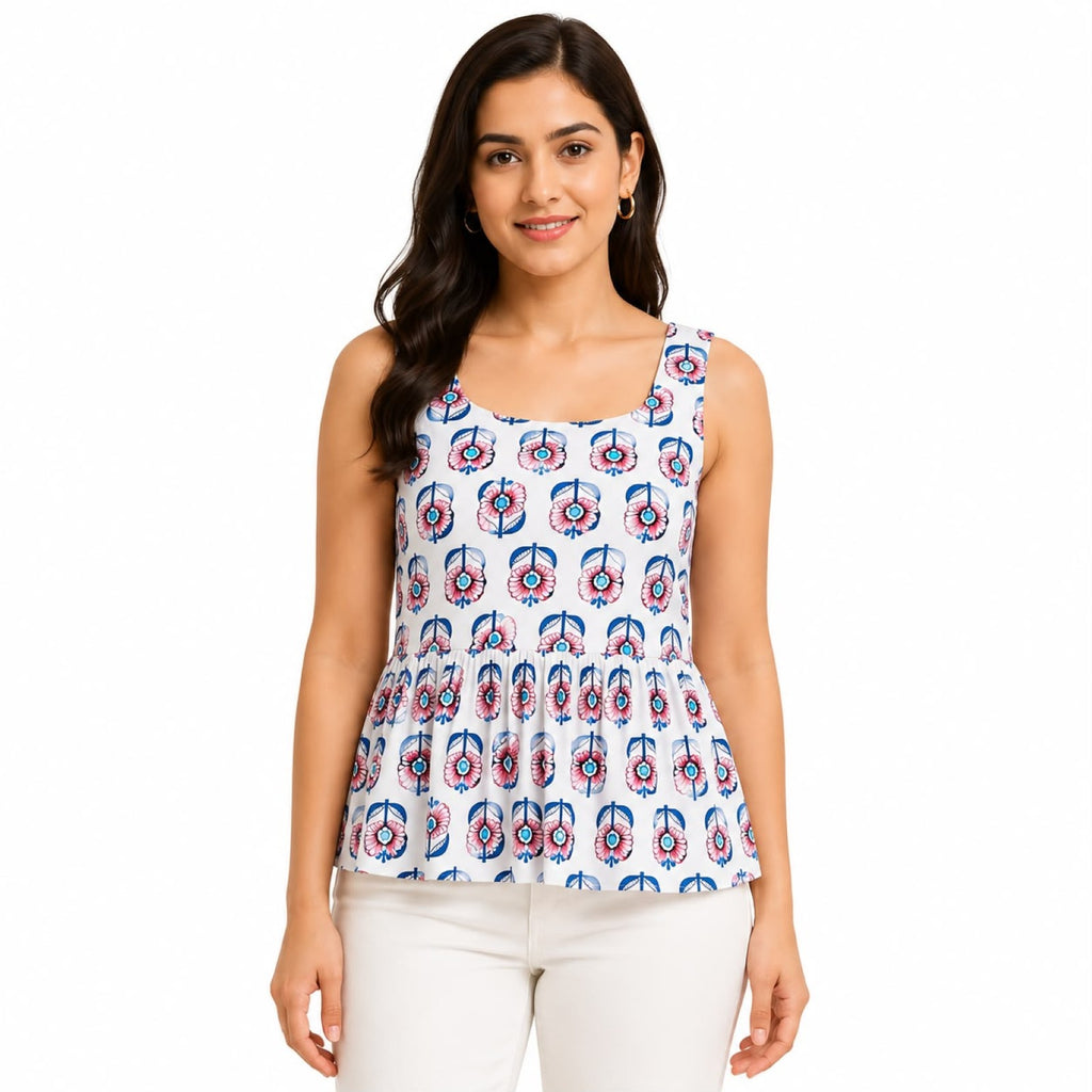 Women's Blue Printed Sleeveless Peplum Top-1