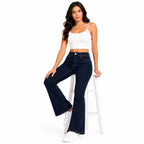 Women's Navy Blue High-Rise Flared Denim Jeans with Contrast Stitching-3