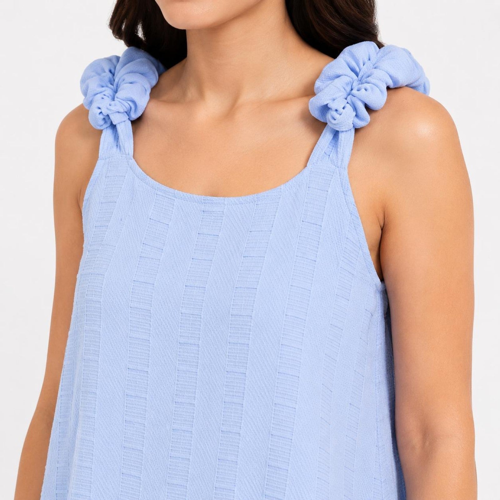 Women's Sky Blue Textured Sleeveless Shift Mini Dress with Bow Shoulder Straps-3