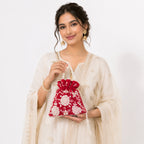 Women's Red Embroidered Potli Bag with Pearl Handle-1
