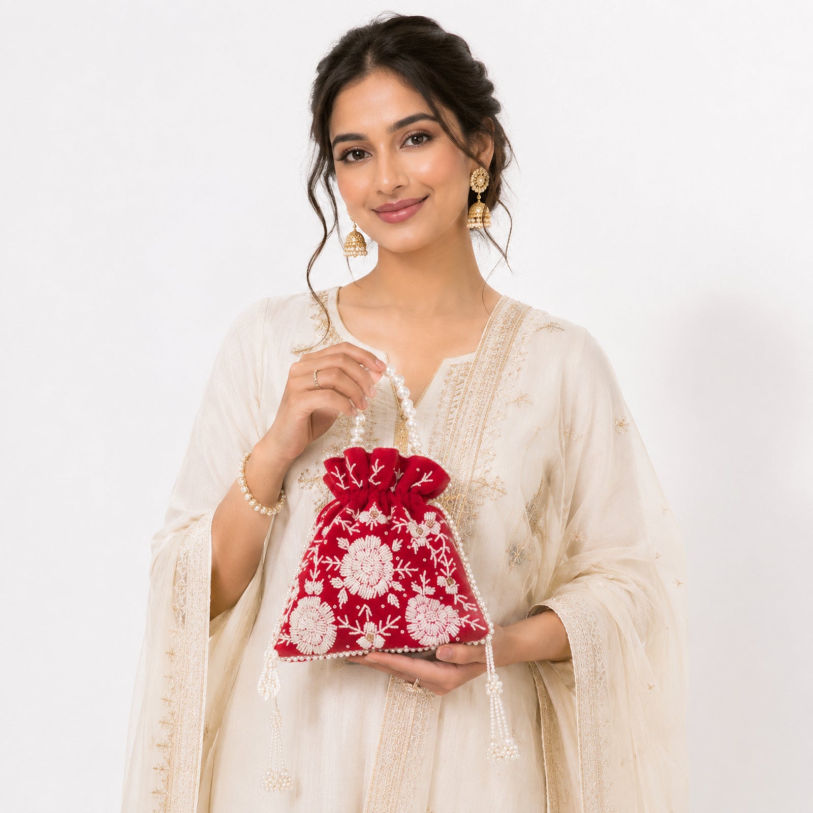 Women's Red Embroidered Potli Bag with Pearl Handle-1