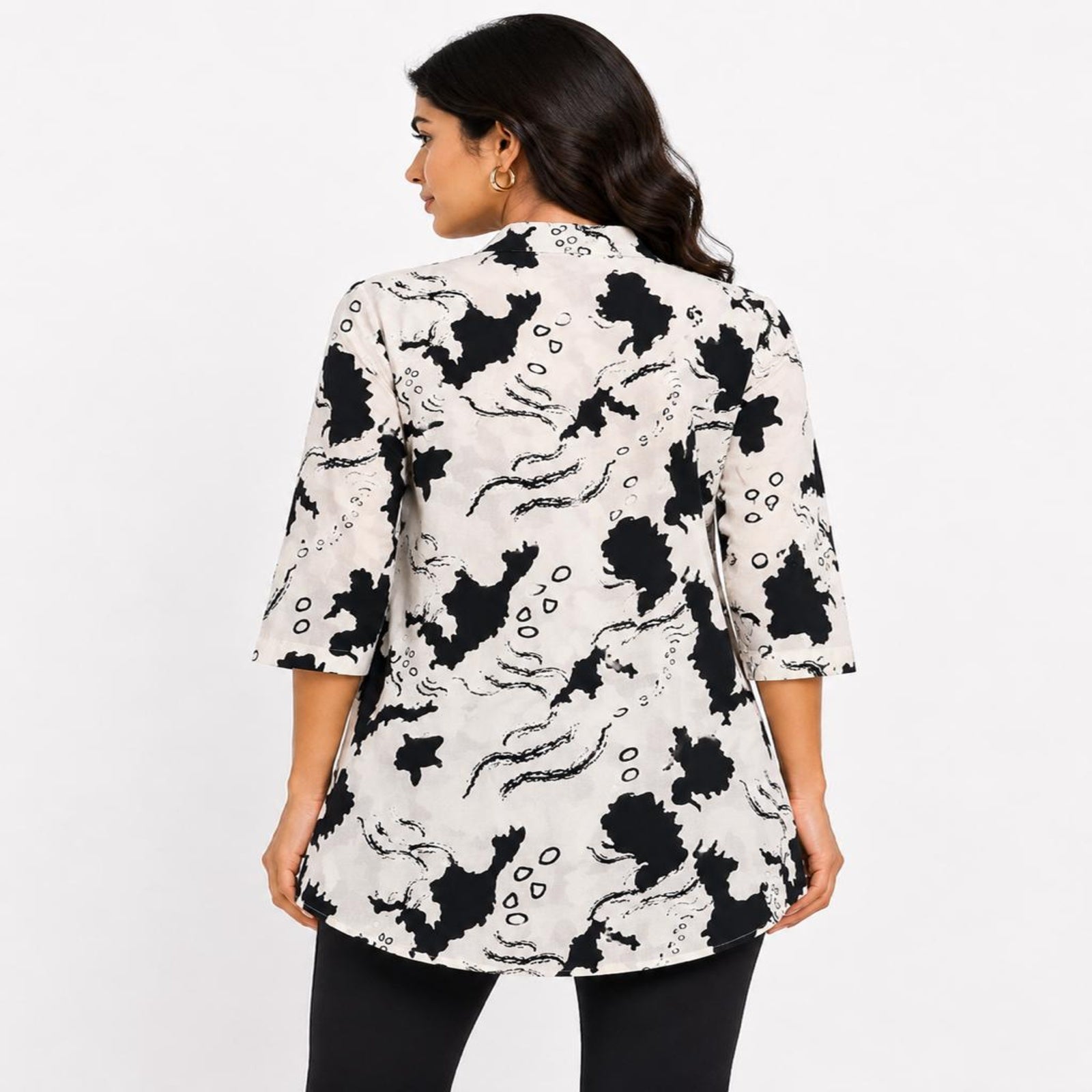 Women's Avant-Garde Alabaster Cream Abstract Graphic Print Asymmetric Tunic Shirt-3