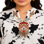 Women's Gilded Regal Lion Hand-Beaded Statement Necklace with Fringe Detailing-2