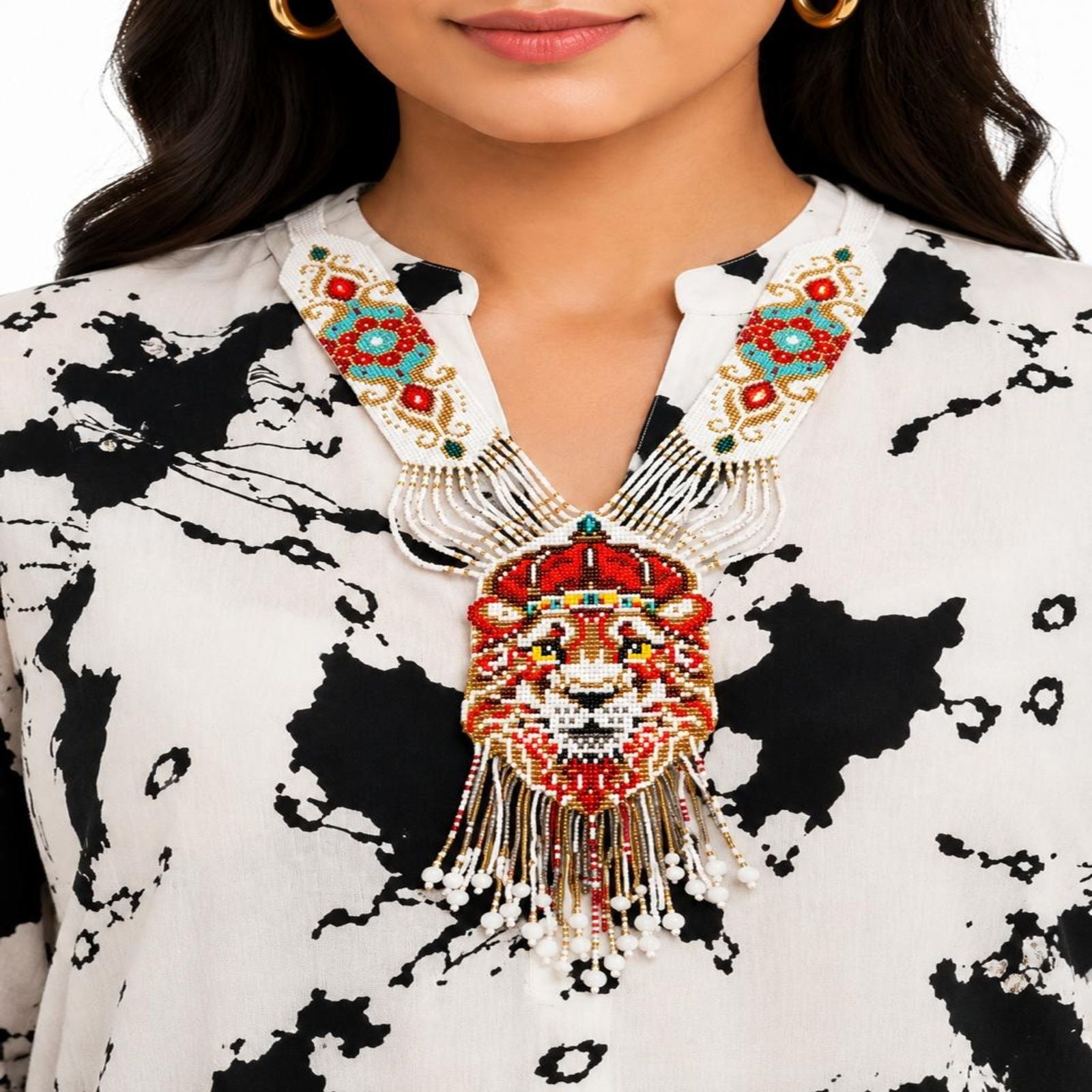 Women's Gilded Regal Lion Hand-Beaded Statement Necklace with Fringe Detailing-2