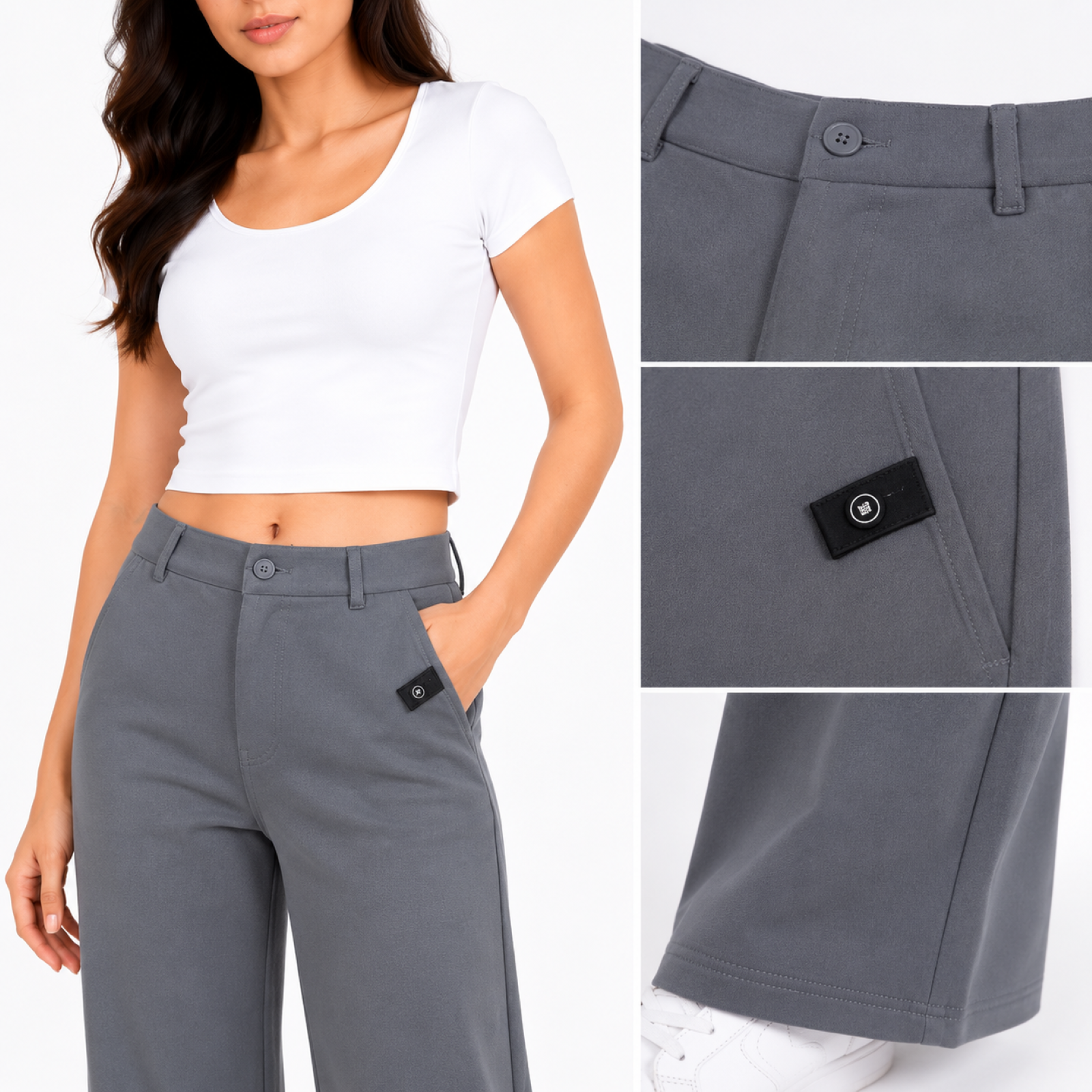 Women's Grey High-Waist Wide Leg Casual Trousers-4