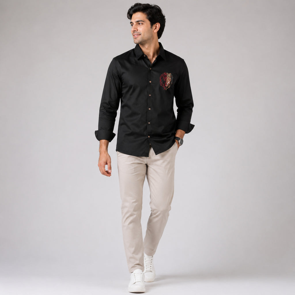 Men's Royal Lion Crest Premium Black Party Shirt-3
