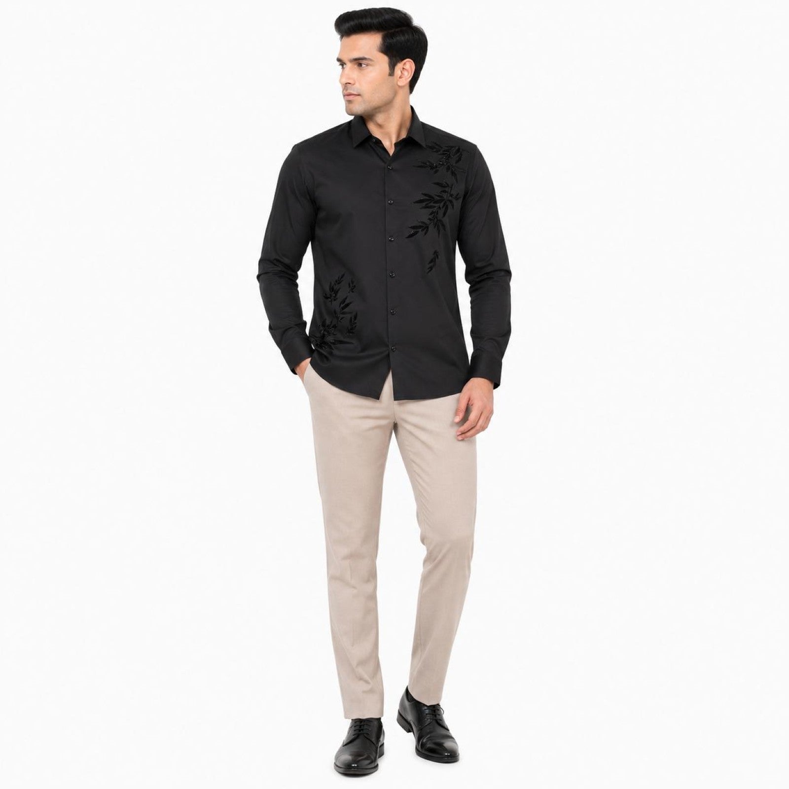 Men's Black Shadow Leaf Embroidered Shirt | Premium Evening Wear Full Sleeve Shirt-1
