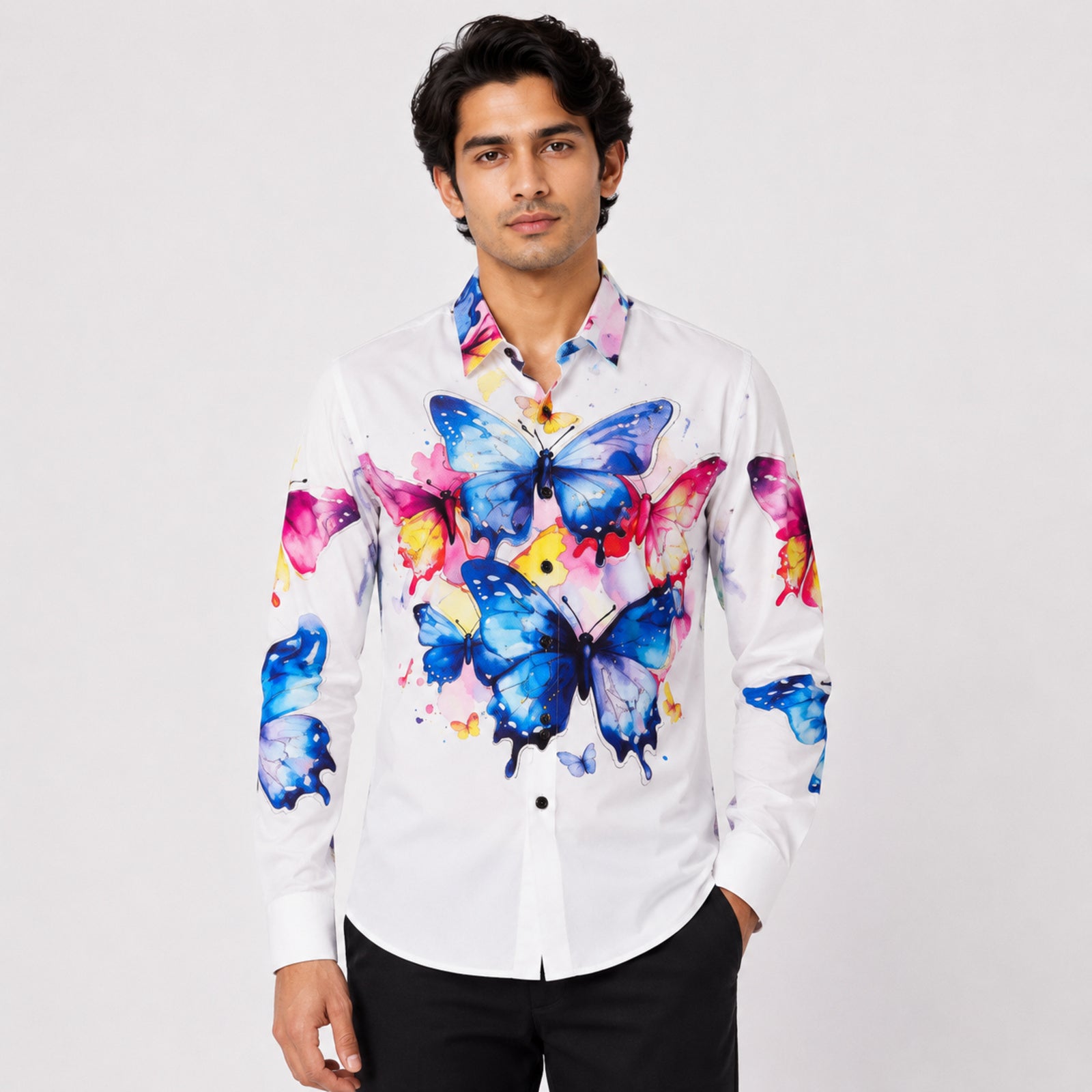 Men's White Butterfly Print Designer Shirt-1