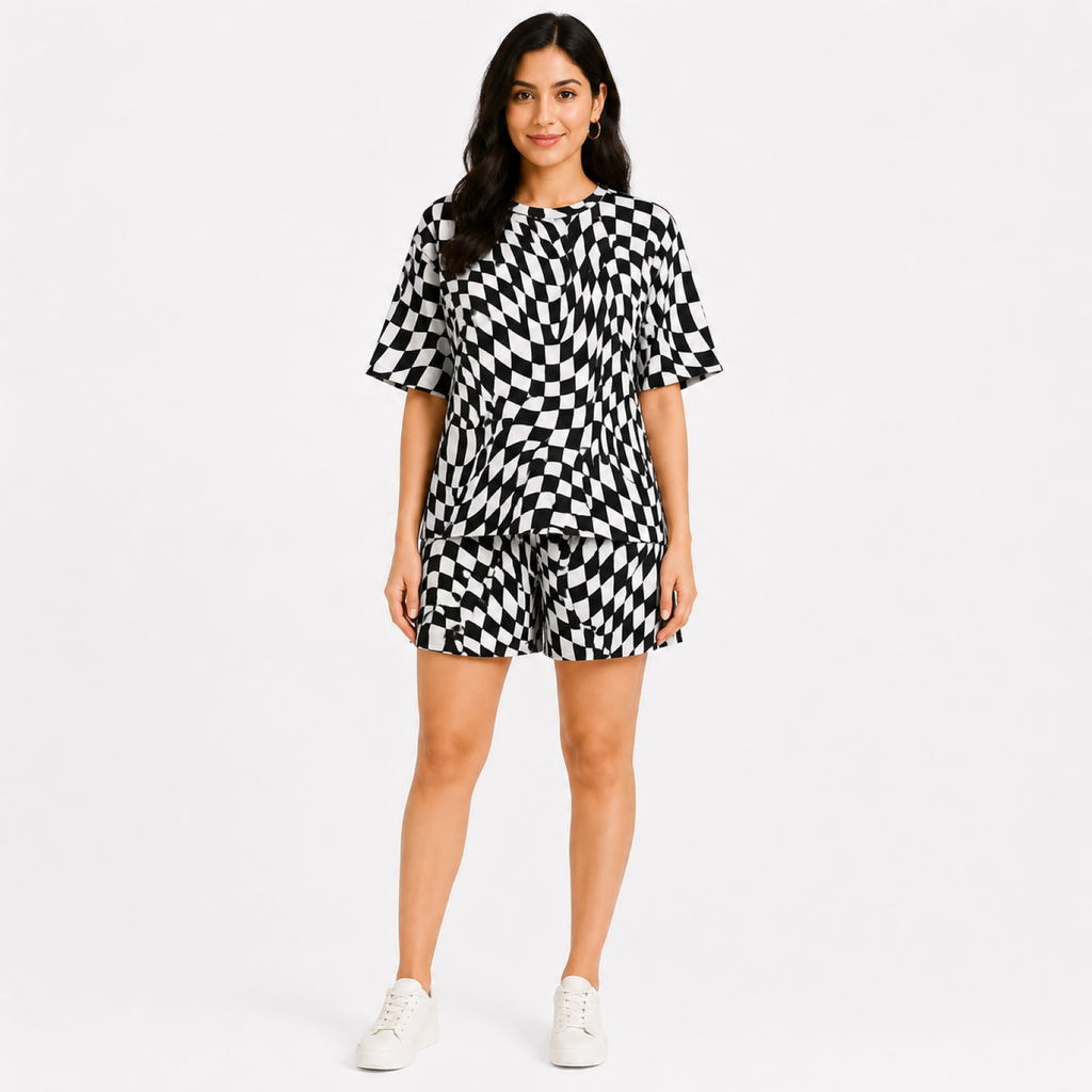 Women's Black & White Optical Check Print Co-Ord Set with Half Sleeve Top & Shorts-4