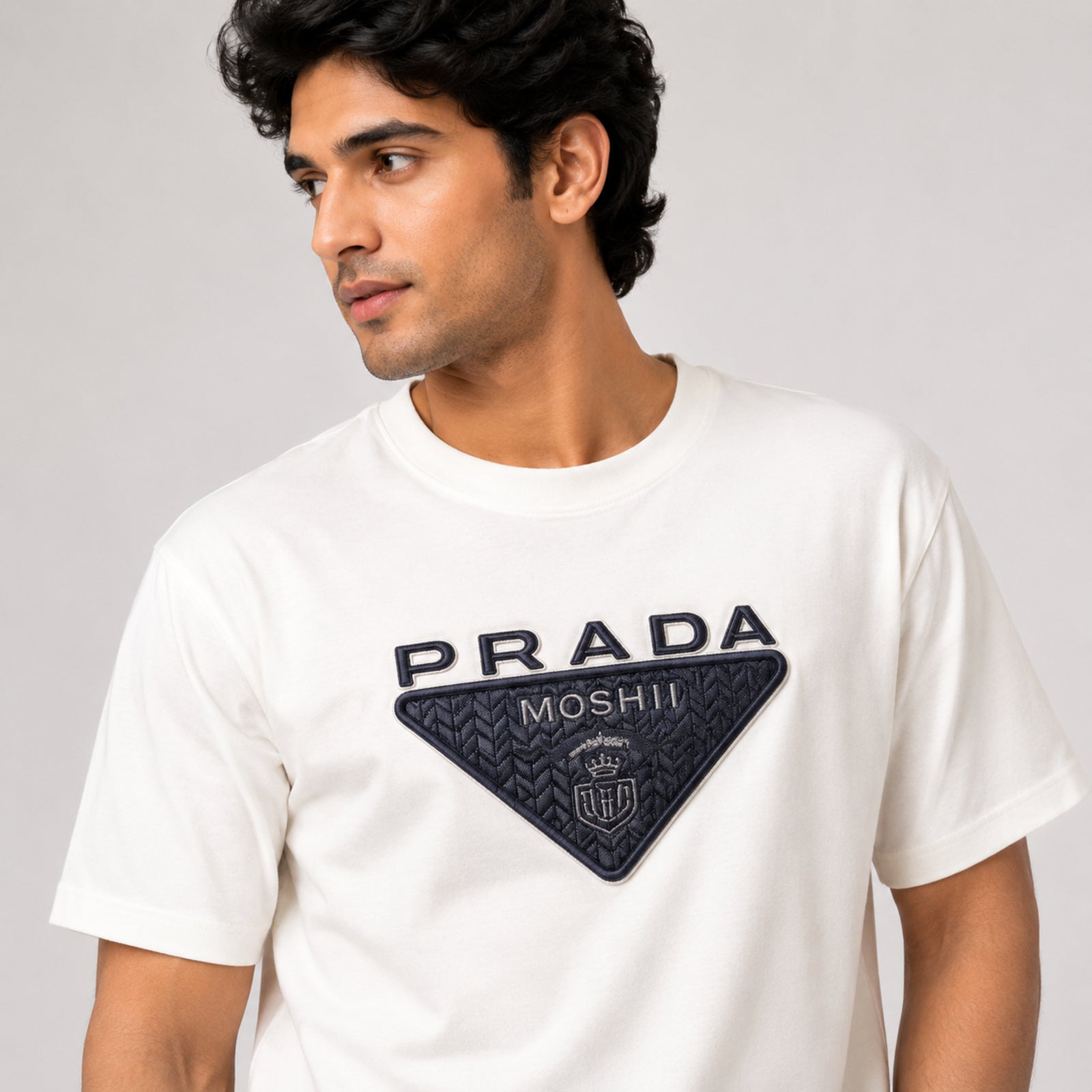 Men's White Graphic Logo Print Crew Neck T-Shirt-2