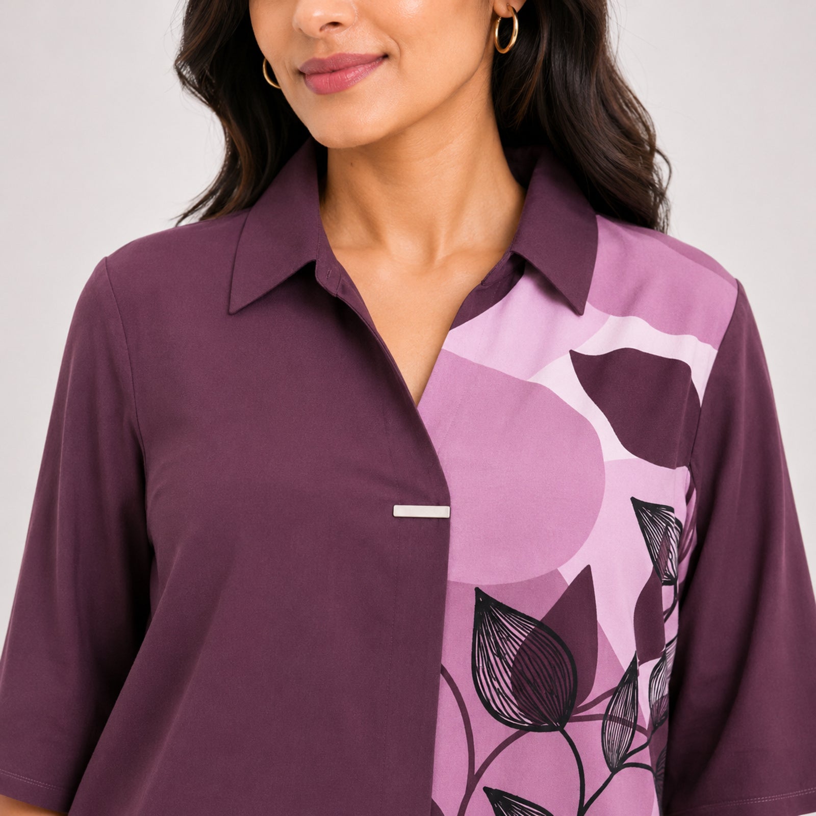 Women's Avant-Garde Mauve Grape Abstract Leaf Print Asymmetric Tunic Shirt-3