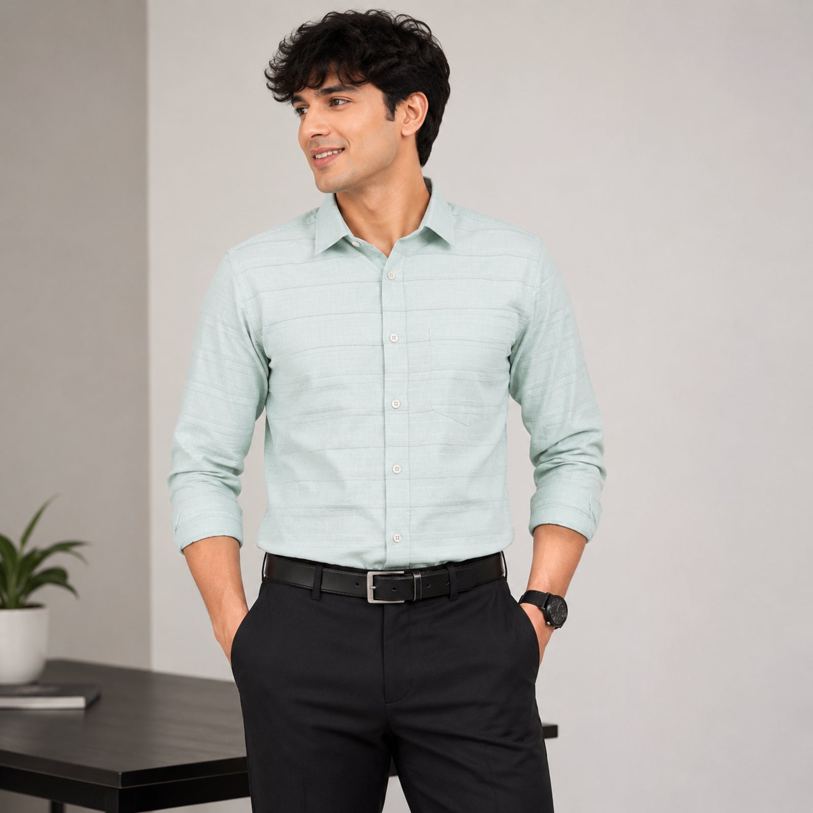 Men's Pista Green Textured Formal Shirt-4