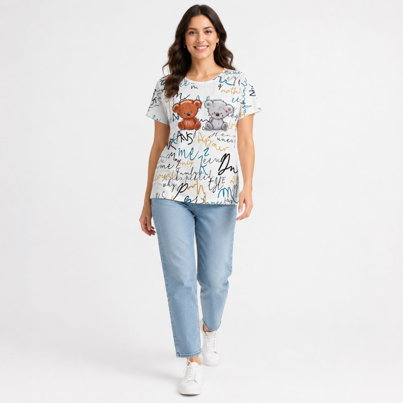 Women's Off White Teddy Bear Graphic Printed T-Shirt | Casual Everyday Cotton Tee-1