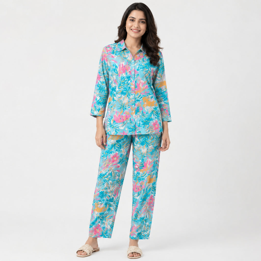 Women's Sky Blue Tropical Printed Night Suit Co-Ord Set-1