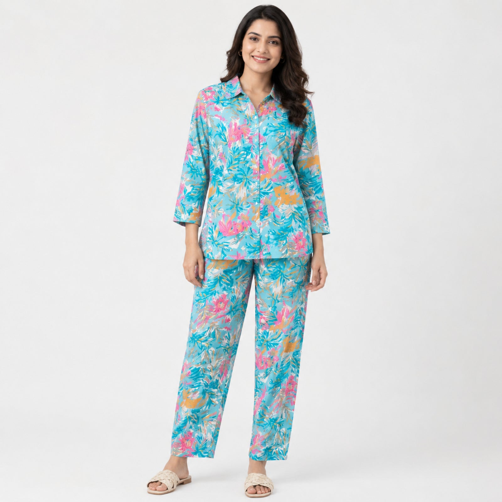 Women's Sky Blue Tropical Printed Night Suit Co-Ord Set-1