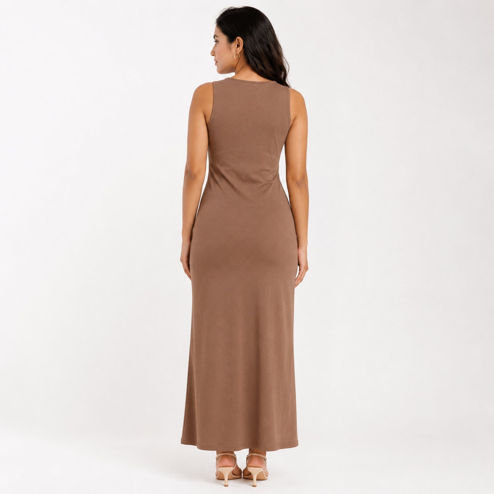 Women's Khaki Sleeveless Square Neck Maxi Dress-2