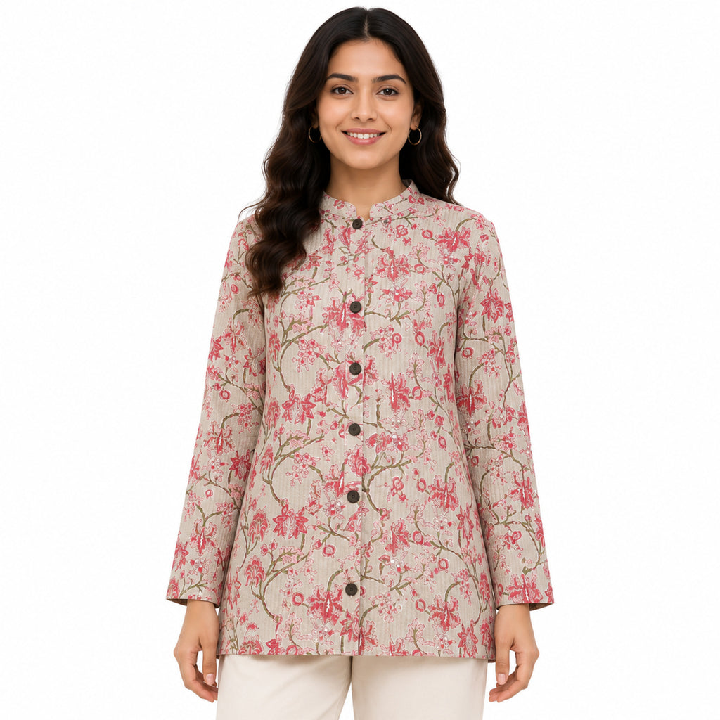 Women's Beige & Pink Floral Printed Jacket Full Sleeve Button-Front Jacket with Mandarin Collar-1
