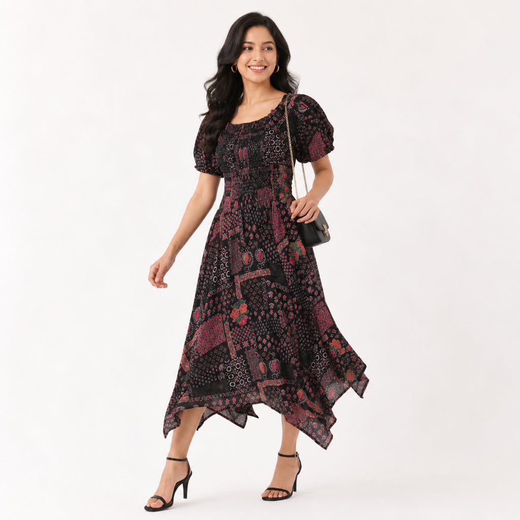 Women's Black Printed Smocked Midi Dress-2