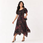 Women's Black Printed Smocked Midi Dress-2