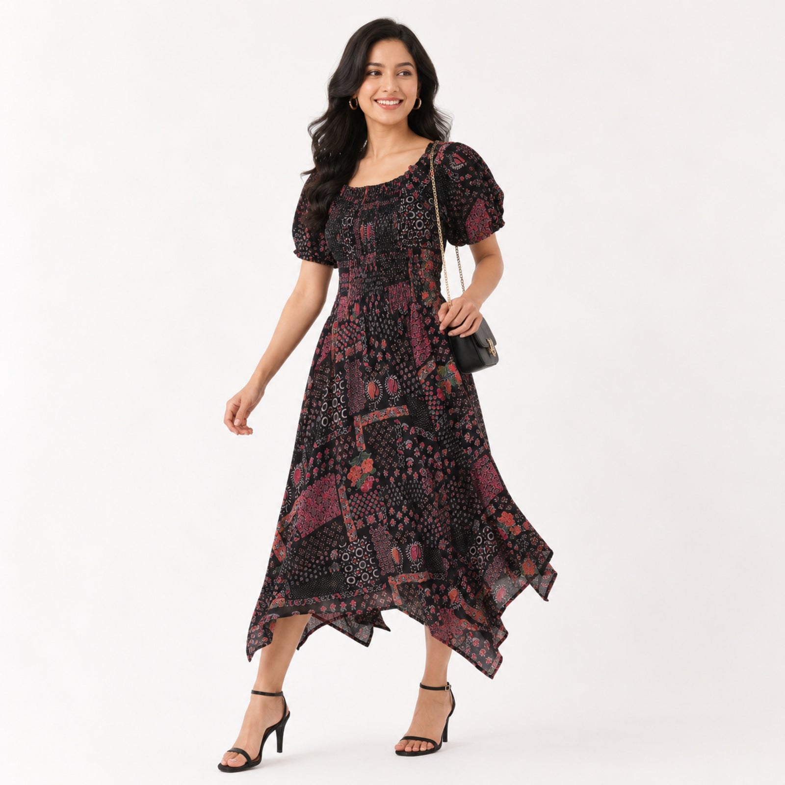 Women's Black Printed Smocked Midi Dress-2