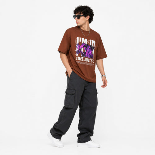 Men's Brown Oversized Graphic Printed T-Shirt-4