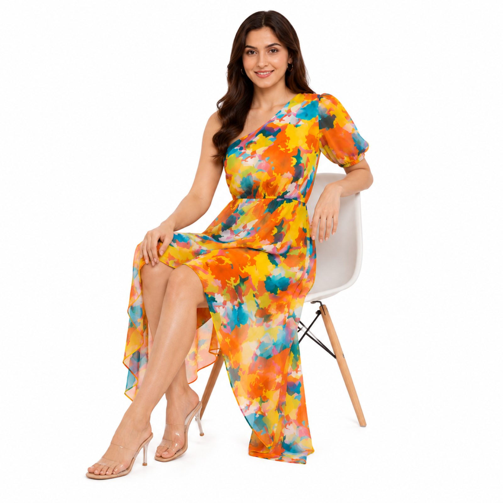 Women's Orange One-Shoulder Printed High-Low Dress | Asymmetrical Midi Party Dress-2