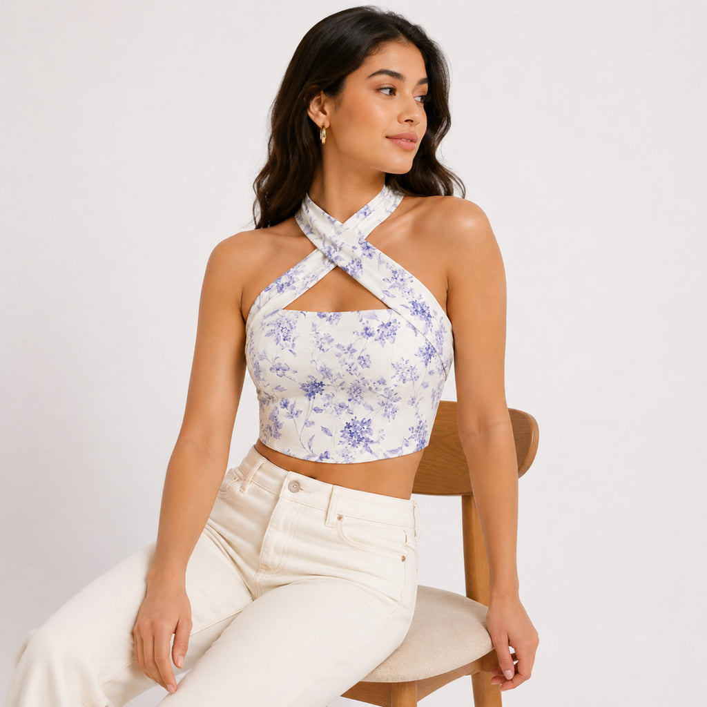 Women's Lavender Floral Printed Sleeveless Criss-Cross Halter Neck Crop Top for Party and Casual Wear-3