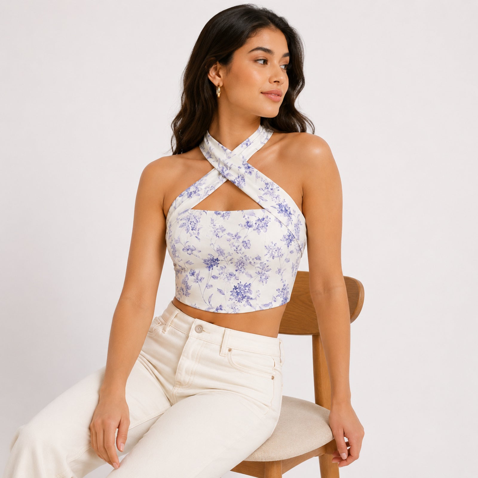 Women's Lavender Floral Printed Sleeveless Criss-Cross Halter Neck Crop Top for Party and Casual Wear-3