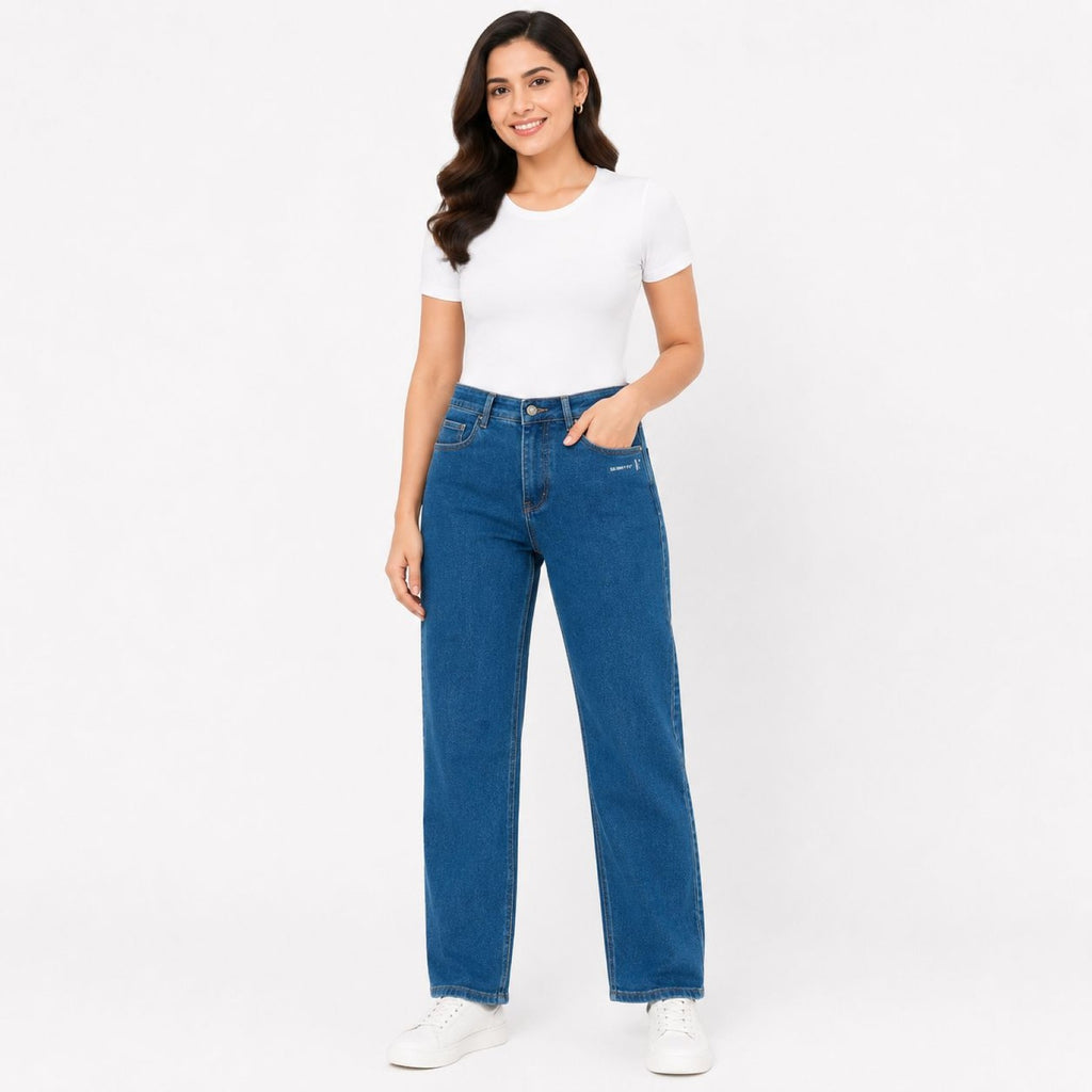 Women's Blue High-Rise Wide Leg Jeans | Classic Straight Fit Denim Pants-1