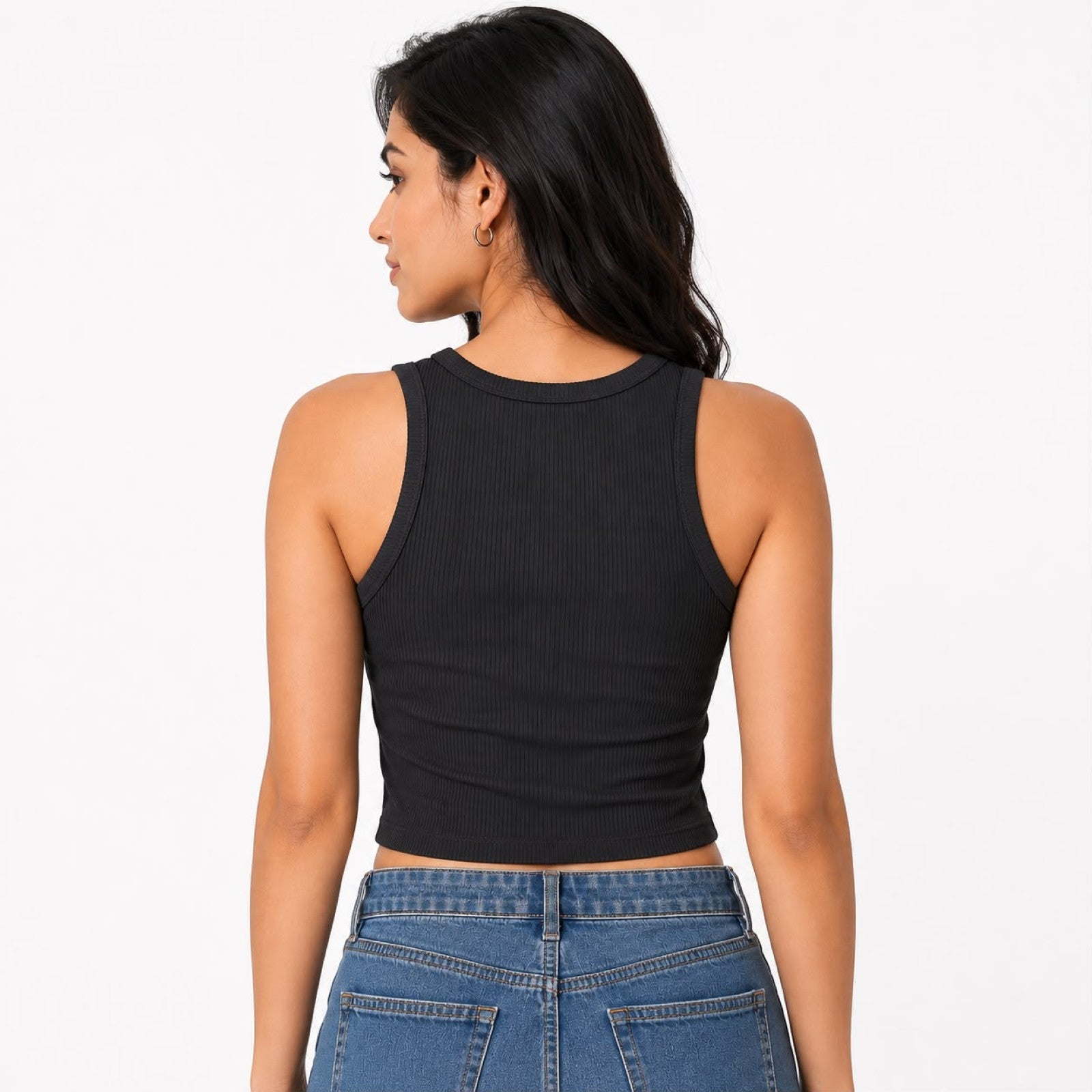 Women's Black Ribbed Sleeveless Crop Tank Top-4