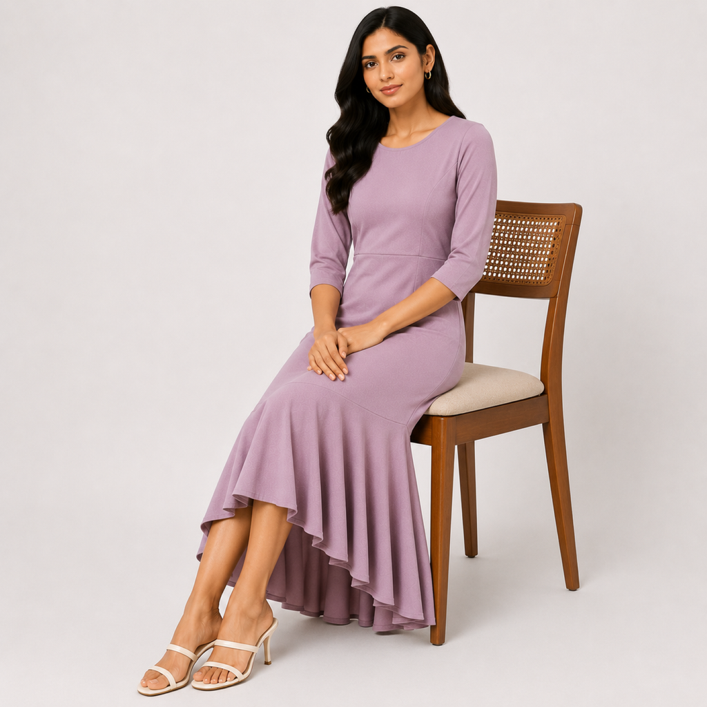 Women's Light Pink Solid Round Neck High-Low Ruffle Hem Midi Dress-4