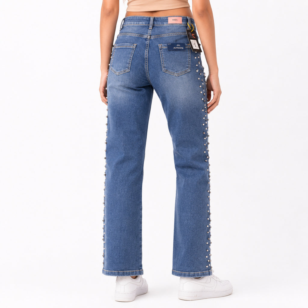Women's Shimmering Diamond Studded Light Blue Bootcut Jeans-4